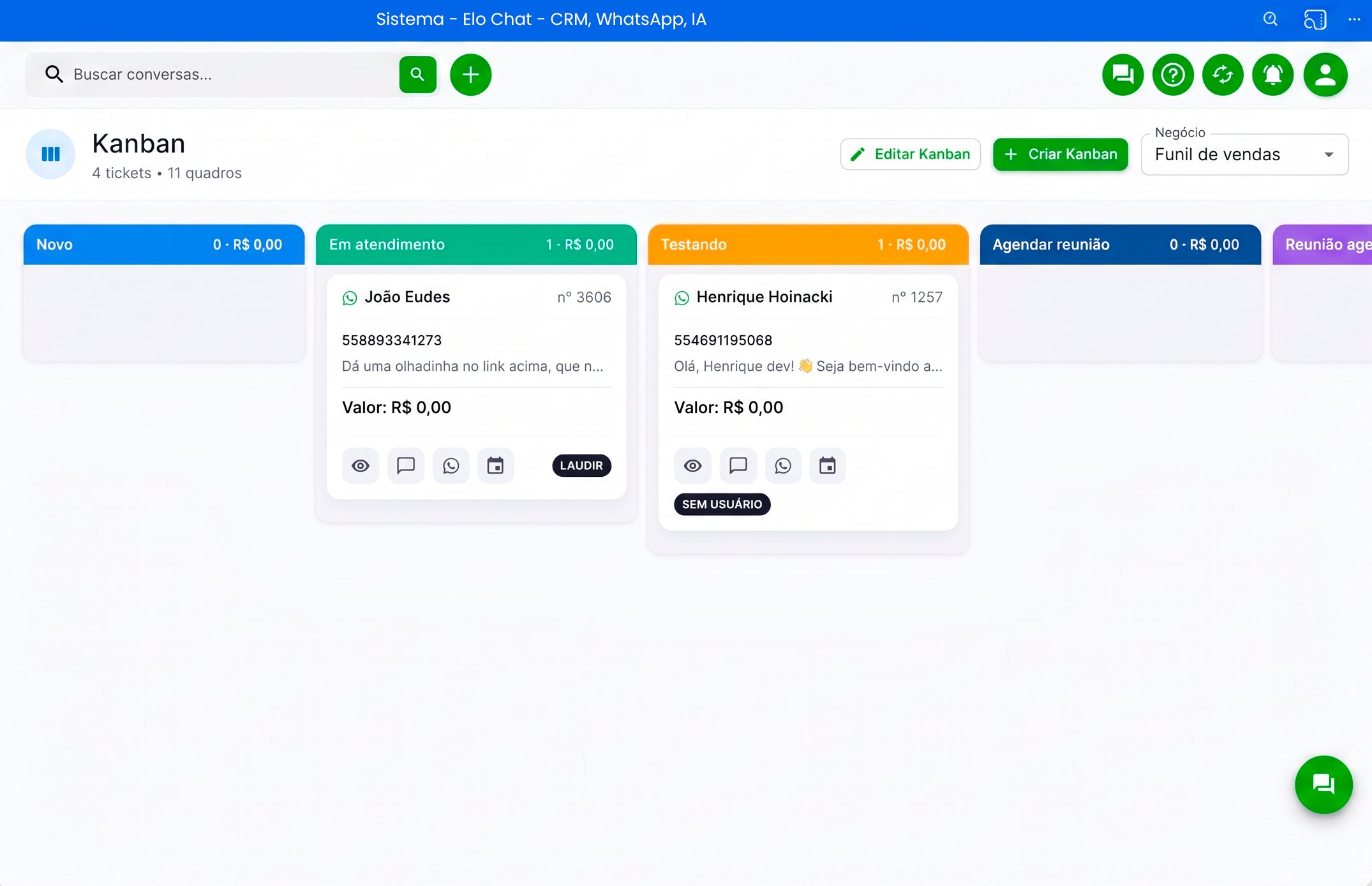 CRM Kanban do Elo Chat com funil de vendas