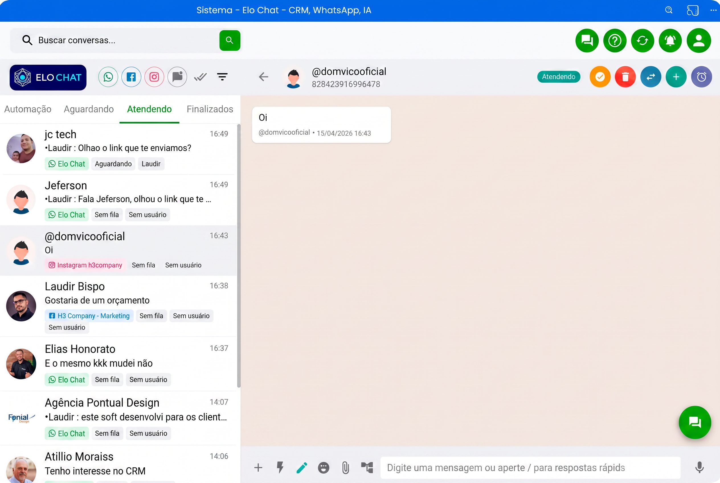 Tela de atendimento Elo Chat
